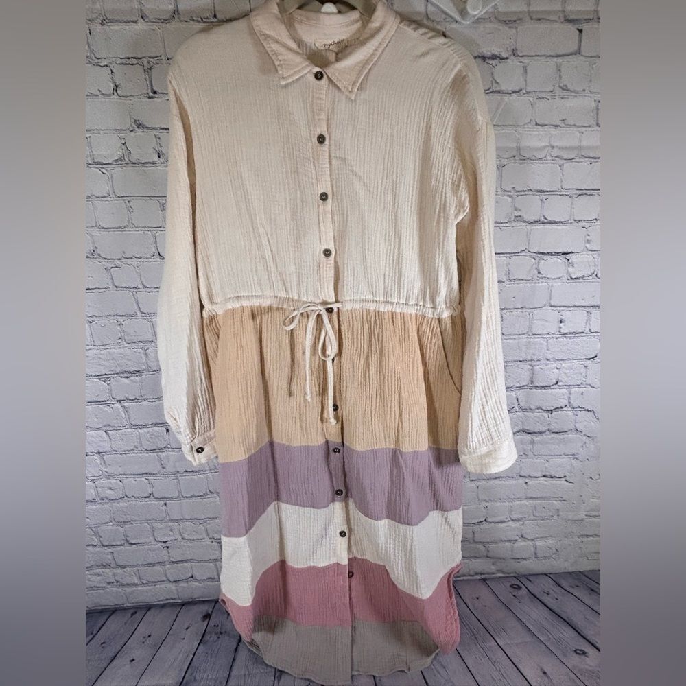 Mystree Cream Pink Purple Tie Waist Crinkle Cotton Vacation Beach Shirt Dress L